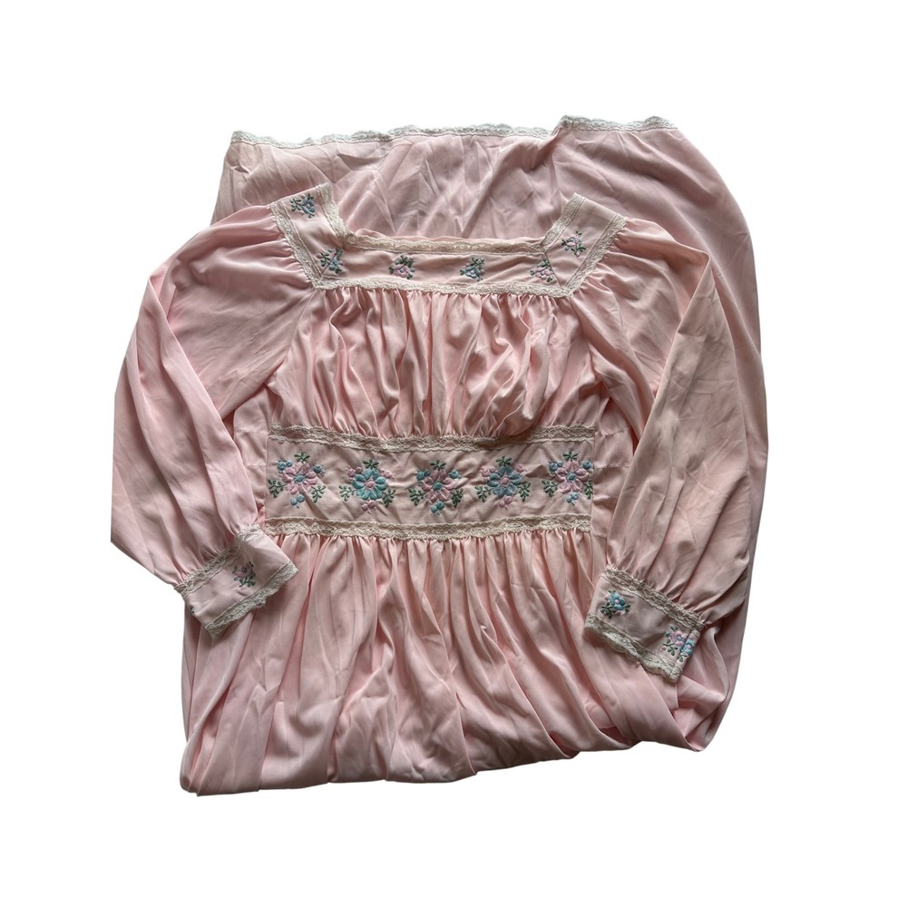 Vintage Gilead Pink Embroidered Lace Maxi Nightgown Made in USA Medium Prairie